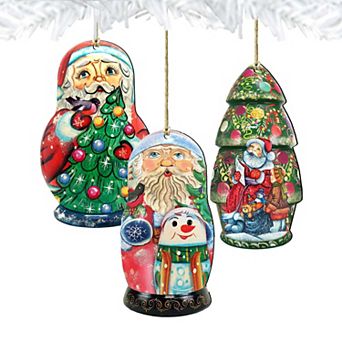 Set of 3 - Santa Doll Wooden Christmas Ornaments by G. DeBrekht - Christmas Santa Snowman Decor