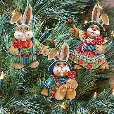 Set of 3 - Bunny Family Rustic Wooden Ornaments by G. DeBrekht - Easter Spring Decor