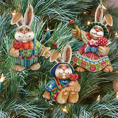 Set of 3 - Bunny Family Rustic Wooden Holiday Ornaments by G. DeBrekht - Easter Spring Decor