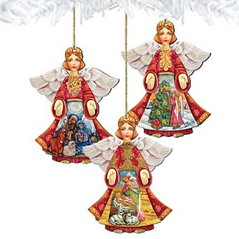 Set of 3 - Guardian Angel Wood Wooden Holiday Ornaments by G. DeBrekht - Nativity Holiday Decor