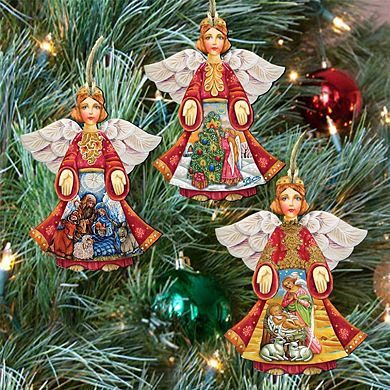 Set of 3 - Guardian Angel Wood Wooden Holiday Ornaments by G. DeBrekht - Nativity Holiday Decor