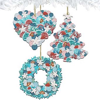 Set of 3 - Coastal Wreath Wooden Holiday Ornaments by G. DeBrekht - Coastal Holiday Decor