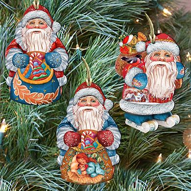 Set of 3 - Holiday Gifts Santa Wooden Ornaments by G. DeBrekht - Christmas Santa Snowman Decor