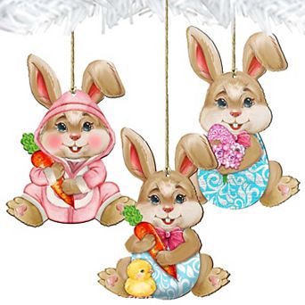 Set of 3 - Easter Baby Bunny Wooden Holiday Ornaments by G. DeBrekht - Easter Spring Decor