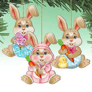 Set of 3 - Easter Baby Bunny Wooden Holiday Ornaments by G. DeBrekht - Easter Spring Decor