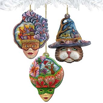 Set of 3 - Masquerade Wooden Holiday Ornaments by G. DeBrekht - Thanksgiving Halloween Decor