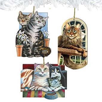 Set of 3 - Gazing Cats Wooden Holiday Ornaments by Laura Seeley - Pets Dog and Cats Decor