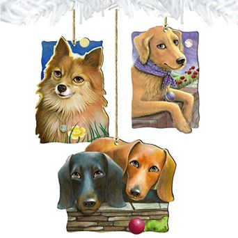 Set of 3 - Doggie Companions Wooden Holiday Ornaments by Laura Seeley - Pets Dog and Cats Decor