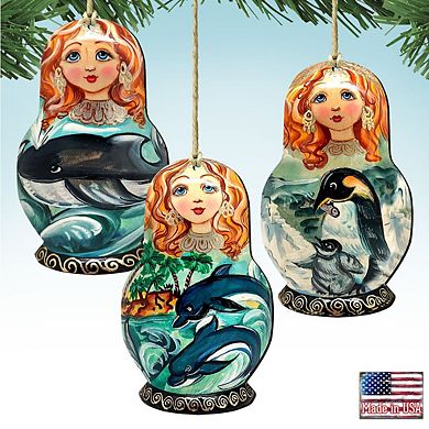 Set of 3 - Dolphins, Whale, Penguins Dolls Wooden Ornaments by G. DeBrekht - Coastal Holiday Decor