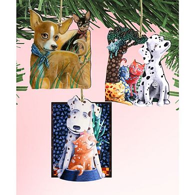 Set of 3 - Whimsical Dogs Set Wooden Ornaments by Laura Seeley - Pets Dog and Cats Decor