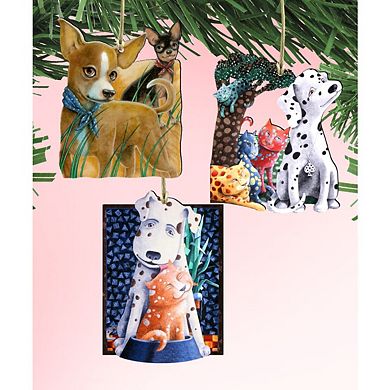 Set of 3 - Whimsical Dogs Set Wooden Holiday Ornaments by Laura Seeley - Pets Dog and Cats Decor