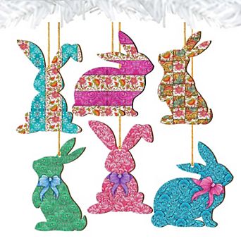 Set of 6 - Quilted Bunny Wooden Holiday Ornaments by G. DeBrekht - Easter Spring Decor