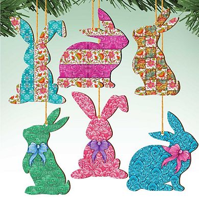 Set of 6 - Quilted Bunny Wooden Ornaments by G. DeBrekht - Easter Spring Decor