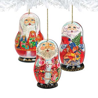 Set of 3 - Santa Doll Wooden Christmas Ornaments by G. DeBrekht - Christmas Santa Snowman Decor