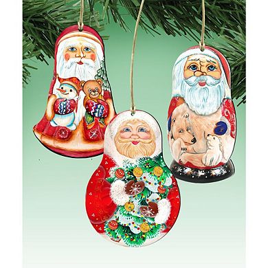 Set of 3 - Santa Doll Wooden Ornaments by G. DeBrekht - Christmas Santa Snowman Decor