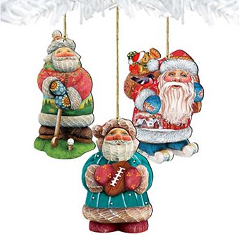 Set of 3 - Sporty Santa Wooden Christmas Ornaments by G. DeBrekht - Christmas Santa Snowman Decor