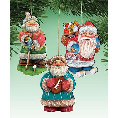 Set of 3 - Sporty Santa Wooden Christmas Ornaments by G. DeBrekht - Christmas Santa Snowman Decor