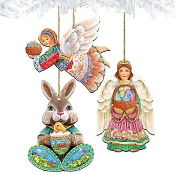 Set of 3 - Easter Bunny Family Wooden Holiday Ornaments by G. DeBrekht - Easter Spring Decor