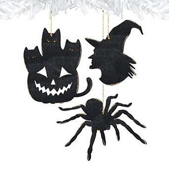 Set of 3 - Halloween Wooden Ornaments - Pumpkin,Witch Hat,Spider - by G. DeBrekht - Thanksgiving Halloween Decor