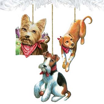 Set of 3 - Playful Dogs Wooden Holiday Ornaments by Laura Seeley - Pets Dog and Cats Decor