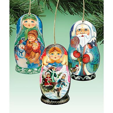 Set of 3 - Winter Play Dolls Wooden Christmas Ornaments by G. DeBrekht - Christmas Decor