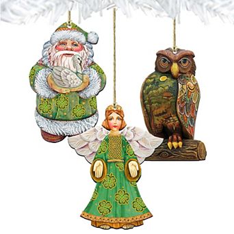 Set of 3 - Irish Best Wishes Wooden Ornaments by G. DeBrekht - Christmas Santa Snowman Decor