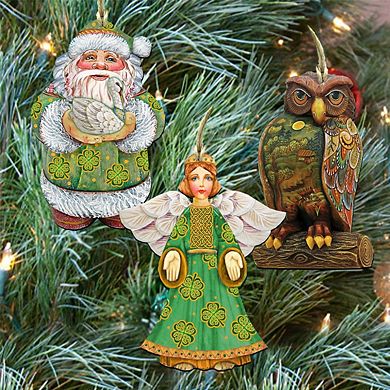Set of 3 - Irish Best Wishes Wooden Ornaments by G. DeBrekht - Christmas Santa Snowman Decor