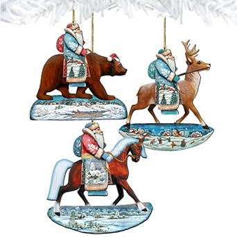 Set of 3 - Riding Santa Wooden Christmas Ornaments by G. DeBrekht - Christmas Santa Snowman Decor