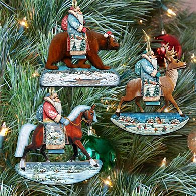 Set of 3 - Riding Santa Wooden Ornaments by G. DeBrekht - Christmas Santa Snowman Decor