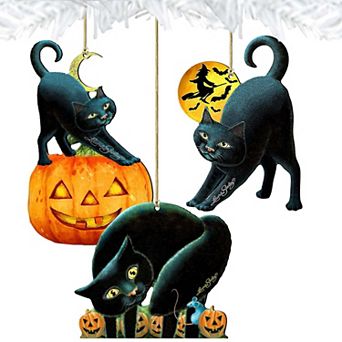 Set of 3 - Halloween Wooden Ornaments - Spooky Cats - by G. DeBrekht - Thanksgiving Halloween Decor