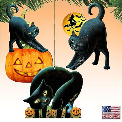 Set of 3 - Halloween Wooden Ornaments - Spooky Cats - by G. DeBrekht - Thanksgiving Halloween Decor