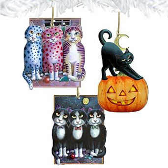 Set of 3 - Halloween Patty Cats Wooden Ornaments by Laura Seeley - Thanksgiving Halloween Decor