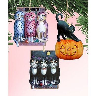 Set of 3 - Halloween Patty Cats Wooden Ornaments by Laura Seeley - Thanksgiving Halloween Decor
