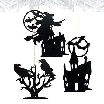 Set of 3 - Halloween Wooden Ornaments - Witch,Castle,Birds - by G. DeBrekht - Thanksgiving Halloween Decor