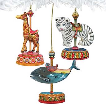 Set of 3 - Carousel Wooden Christmas Ornaments - Tiger,Santa,Giraffe - Christmas Decor