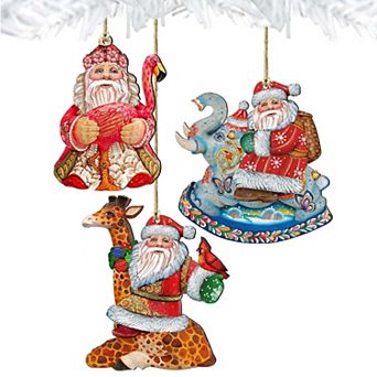 Set of 3 - Safari Santa Wooden Christmas Ornaments by G. DeBrekht - Christmas Santa Snowman Decor