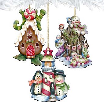 Set of 3 - Holiday Wooden Ornaments Gift Set by G. DeBrekht - Christmas Santa Snowman Decor