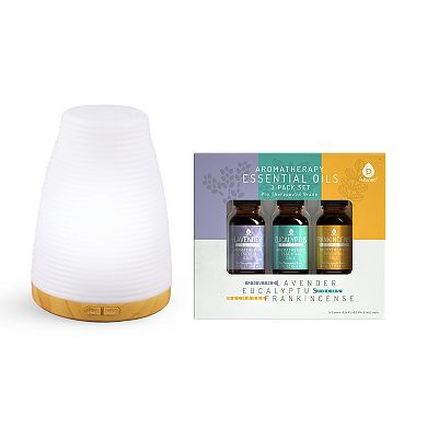 Pursonic Aromatherapy USB Diffuser & Essential Oil Set- Top 3 Oils with 2 Mist Settings Changing Ambient Light Settings