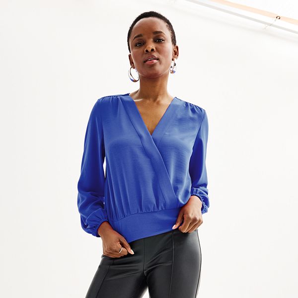 Women's Nine West Long-Sleeve Surplice Blouse - Archer Blue (X LARGE)