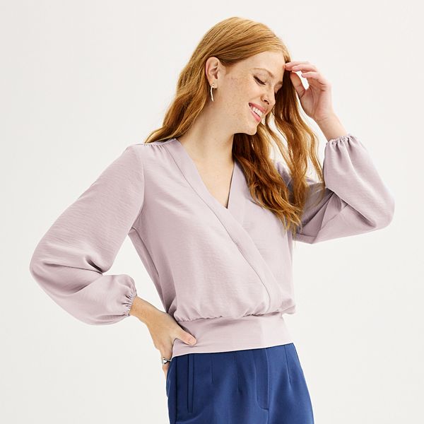 Women's Nine West Long-Sleeve Surplice Blouse - Washed Grape (X SMALL)