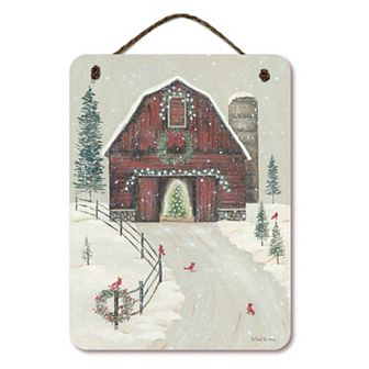 COURTSIDE MARKET Red Barn Christmas Hanging Sign Wall Art