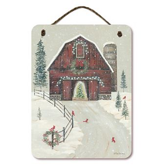 COURTSIDE MARKET Red Barn Christmas Hanging Sign Wall Art