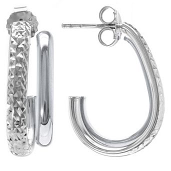 Judy Crowell Sterling Silver Textured Rectangle J Hoop Earrings