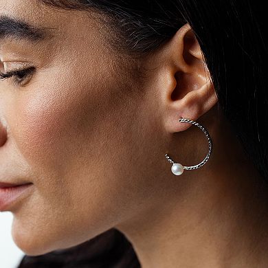 Judy Crowell Sterling Silver Textured Freshwater Cultured Pearl Hoop Earrings