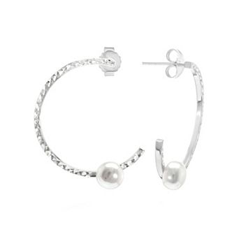 Judy Crowell Sterling Silver Textured Freshwater Cultured Pearl Hoop Earrings