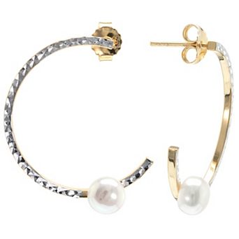 Judy Crowell Sterling Silver Textured Freshwater Cultured Pearl Hoop Earrings