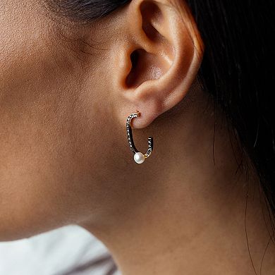 Judy Crowell Sterling Silver Textured Freshwater Cultured Pearl Rectangle J Hoop Earrings