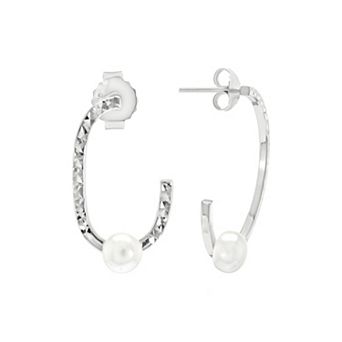 Judy Crowell Sterling Silver Textured Freshwater Cultured Pearl Rectangle J Hoop Earrings