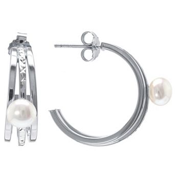 Judy Crowell Sterling Silver Textured Freshwater Cultured Pearl Triple Hoop Earrings