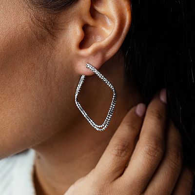 Judy Crowell Sterling Silver Textured Diamond Shaped Hoop Earrings